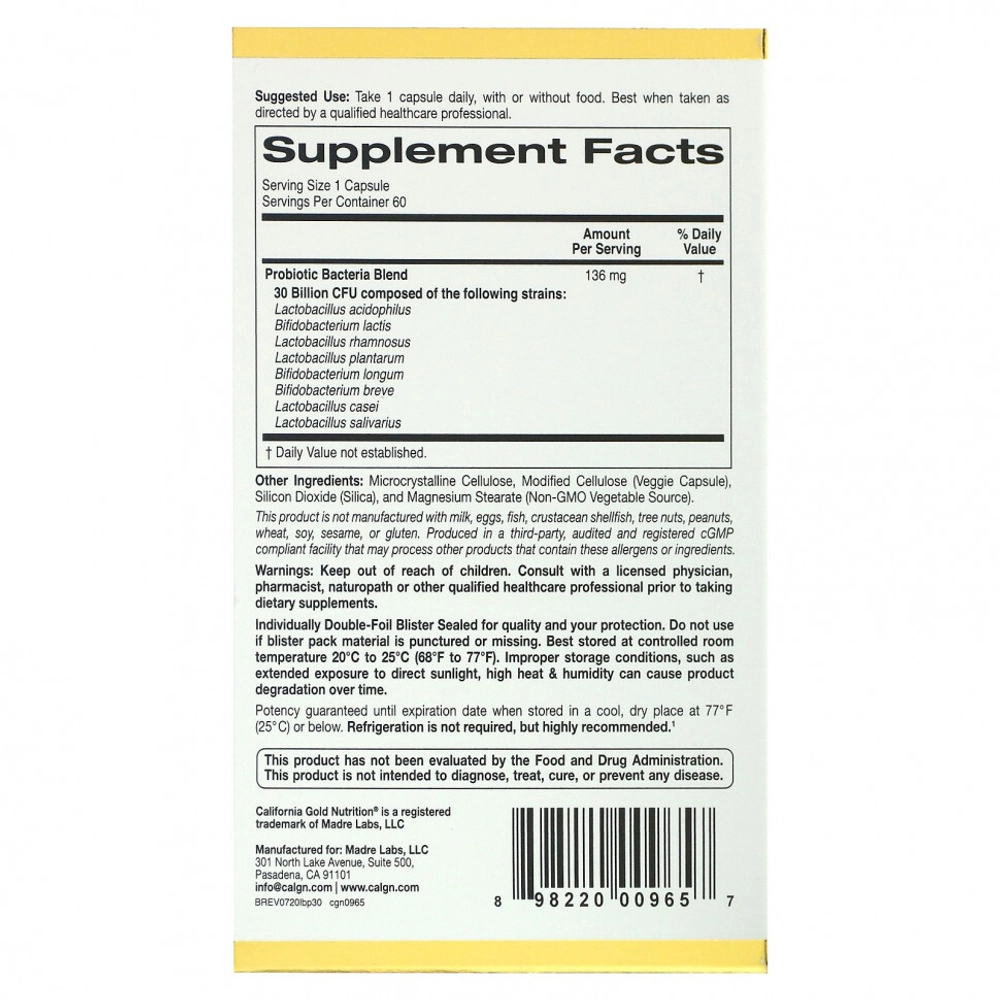 Пробиотик California Gold Nutrition LactoBif Probiotics 30 Billion 60 капс (Калифорния ЛактоБиф)