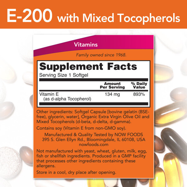 Витамин Е NOW E-200 Мix Tocopherol 100 капс (Нау Е-200 Микс токоферолов 100 капс)