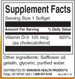 Витамин D3 SWANSON Vitamin D3 5.000 МЕ 250 капс (СВАНСОН Витамин Д3 5.000 МЕ)