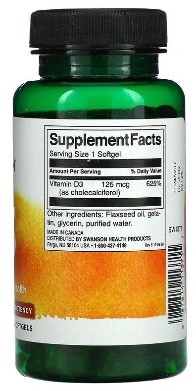 Витамин D3 SWANSON Vitamin D3 5.000 МЕ 250 капс (СВАНСОН Витамин Д3 5.000 МЕ)